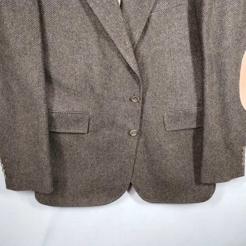 Mens Wool Tweed Jacket Suede Elbow Patch 2 Button Blazer 43L Vintage Evan-Picone